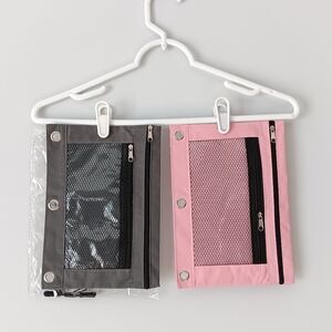 New 3 Ring Binder Pouch Set of 2 Mesh Pink Grey Zippers 2 Pockets 7" x 10"